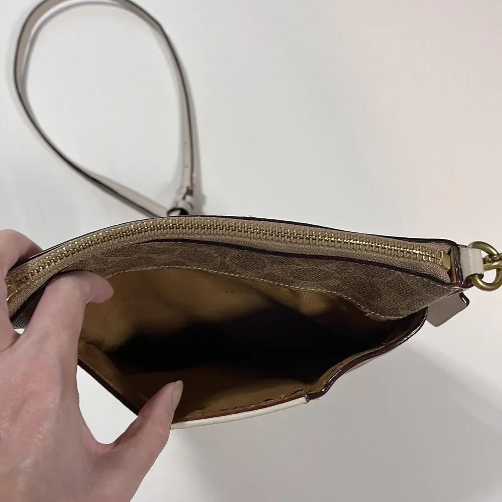 Coach Signature Stripe Crossbody Bag Womens Small Brown Cream Leather Purse